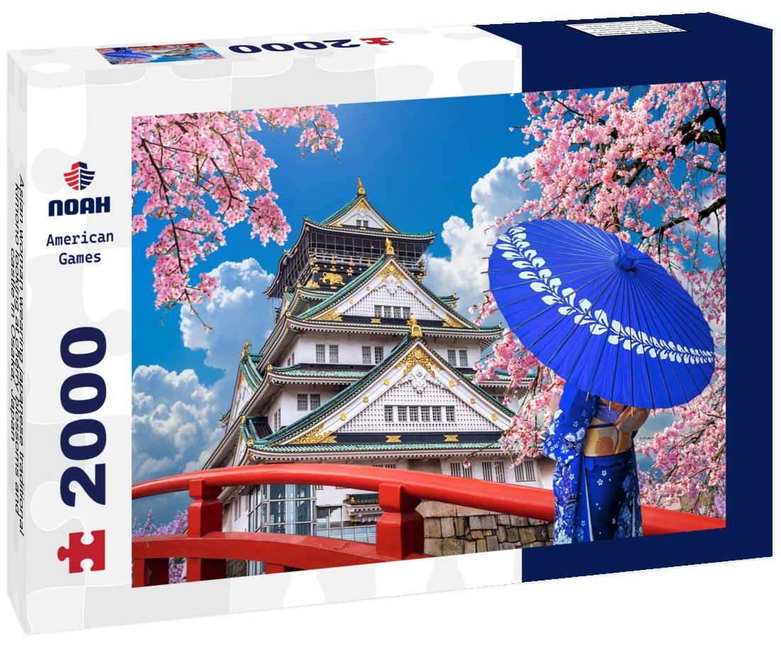 Asian woman wearing japanese traditional kimono looking at cherry blossoms and castle in Osaka, Japan 2000pc Puzzle