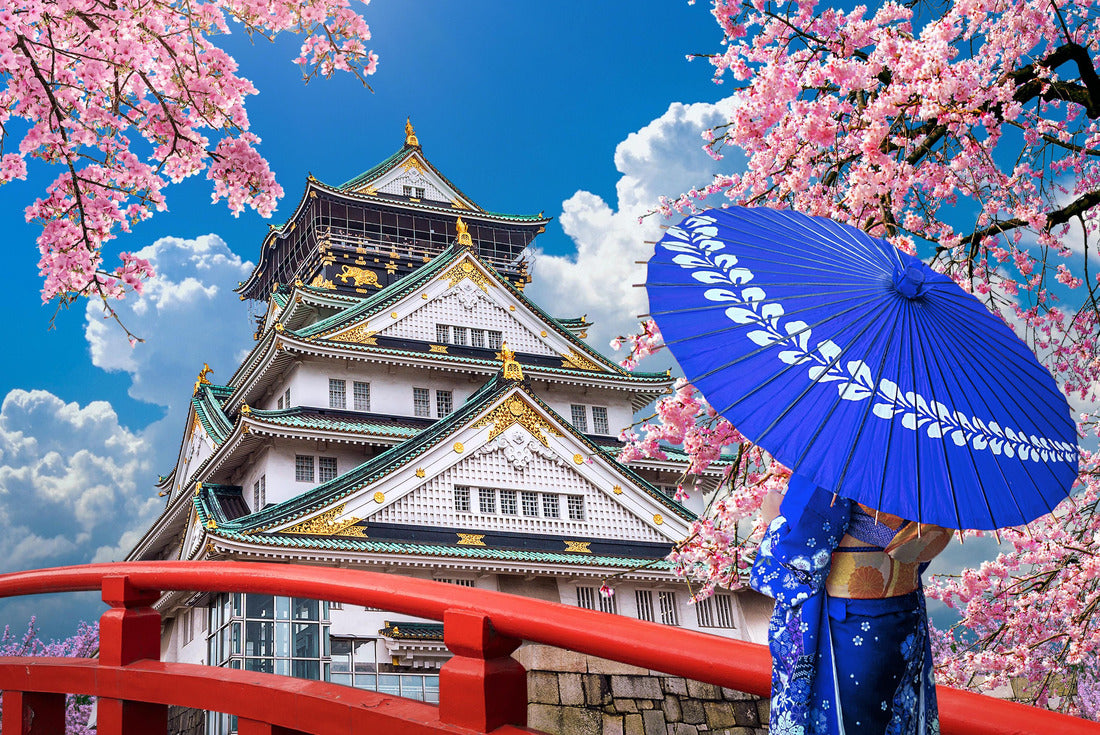 Asian woman wearing japanese traditional kimono looking at cherry blossoms and castle in Osaka, Japan 2000pc Puzzle