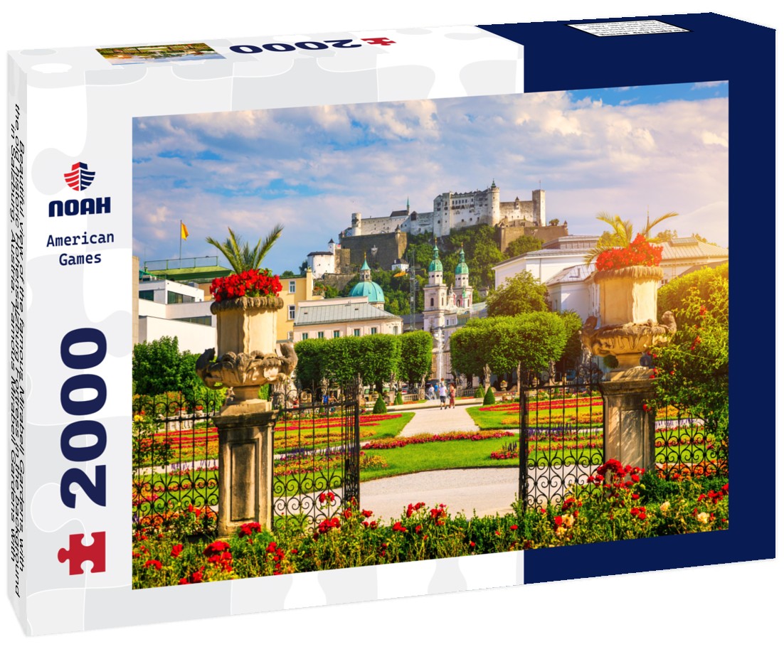 Beautiful view of the famous Mirabell Gardens with the old historic Hohensalzburg Fortress in the background in Salzburg, Austria. Famous Mirabell Gardens with historic fortress in Salzburg, Austria 2000pc Puzzle