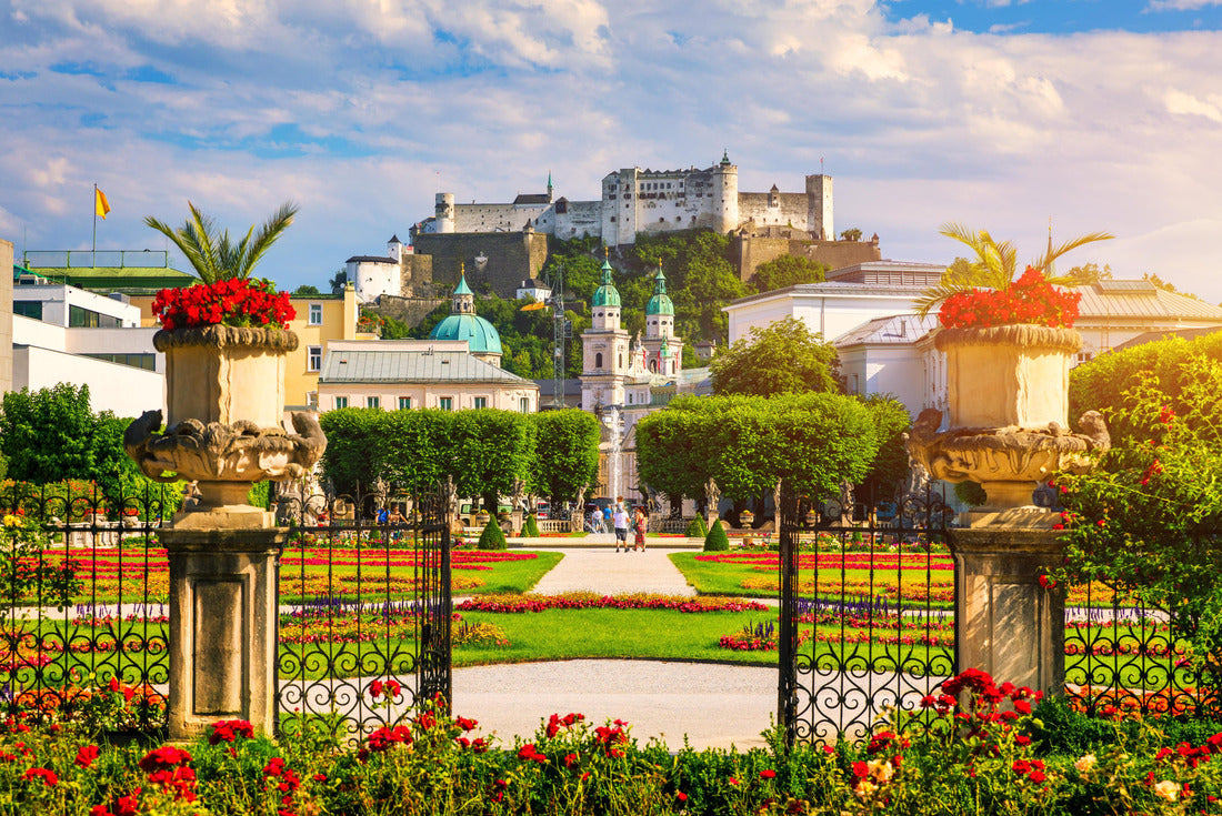 Beautiful view of the famous Mirabell Gardens with the old historic Hohensalzburg Fortress in the background in Salzburg, Austria. Famous Mirabell Gardens with historic fortress in Salzburg, Austria 2000pc Puzzle