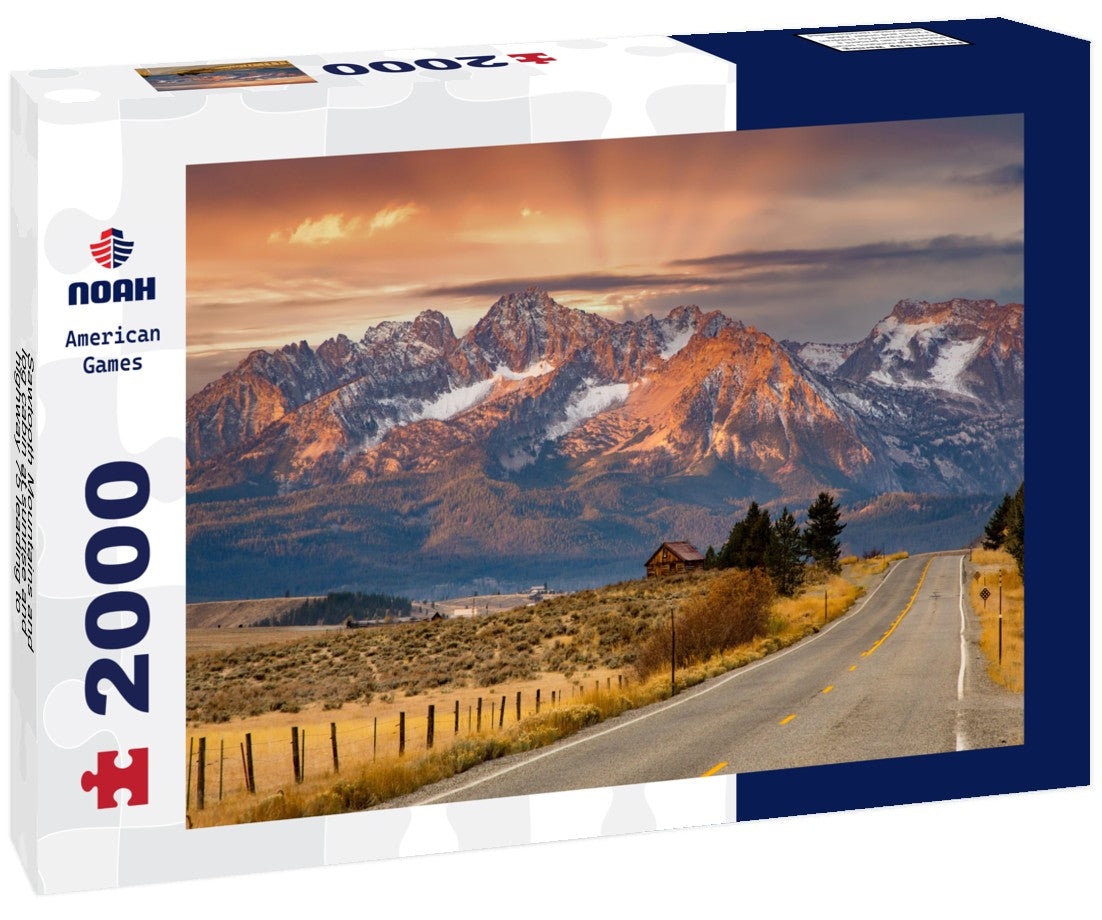 Sawtooth Mountains and log cabin at sunrise and highway 75 leading to Stanley, Idaho 2000pc Puzzle