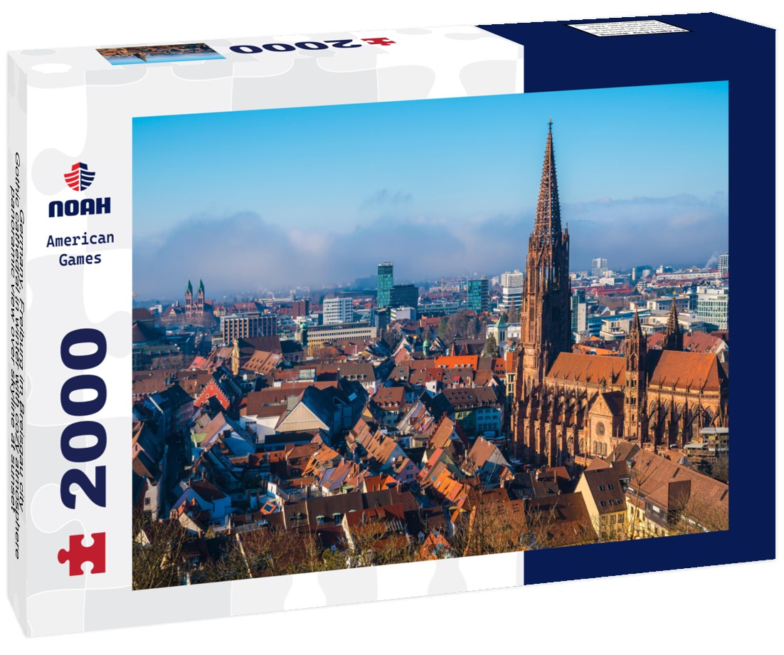 Germany, Freiburg im Breisgau city, Gothic cathedral in winter with cozy atmosphere, over skyline at sunset 2000pc Puzzle