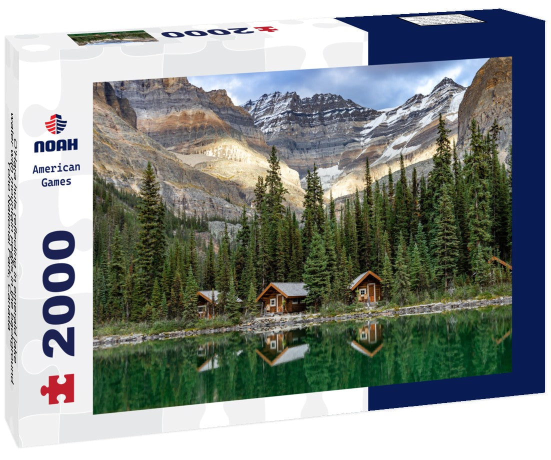 O'Hara huts reflecting in emerald lake water with mountain peaks in the background, Yoho National Park, Canada 2000pc Puzzle
