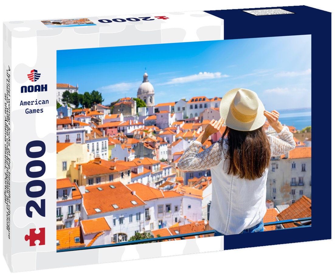 A tourist woman looks at the beautiful cityscape of Lisbon, with the colorful houses and roofs at the Alfama district, Portugal 2000pc Puzzle
