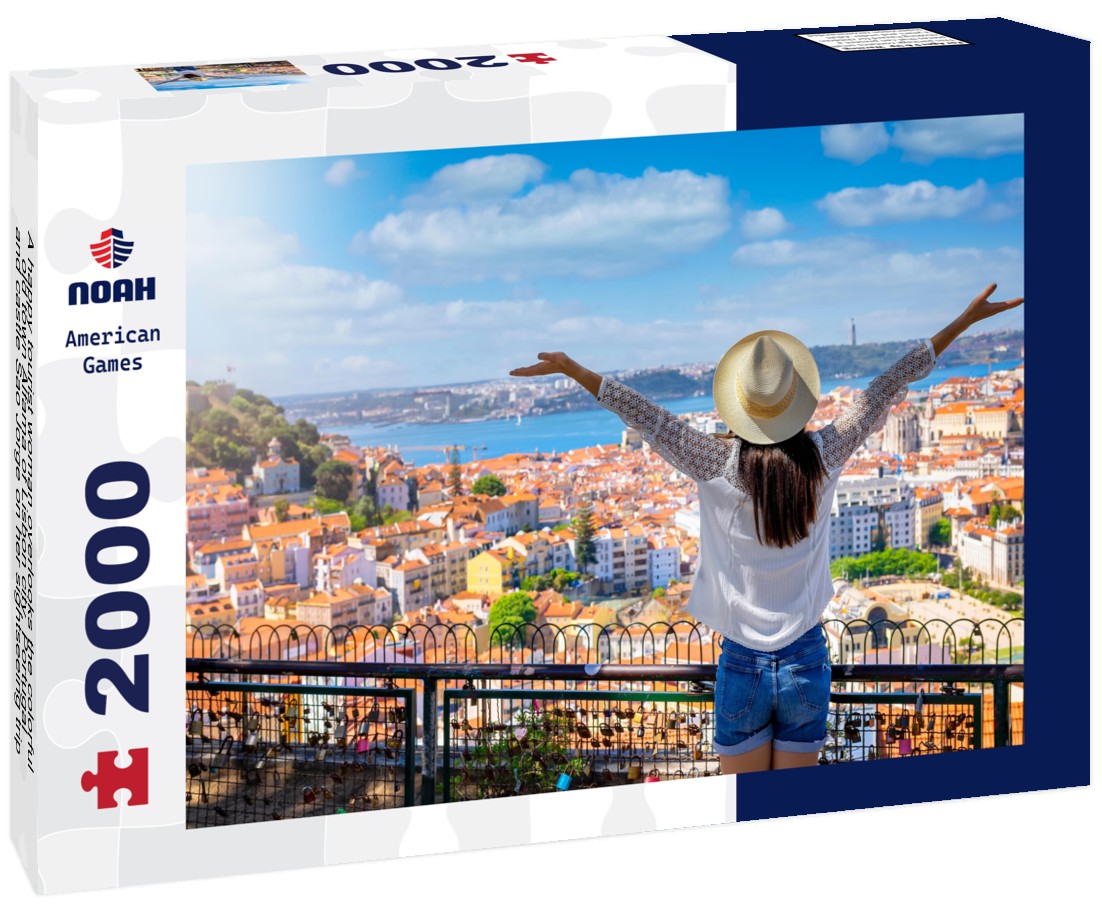 A happy tourist woman overlooks the colorful old town Alfama of Lisbon city, Portugal, and castle Sao Jorge on her sightseeing trip 2000pc Puzzle