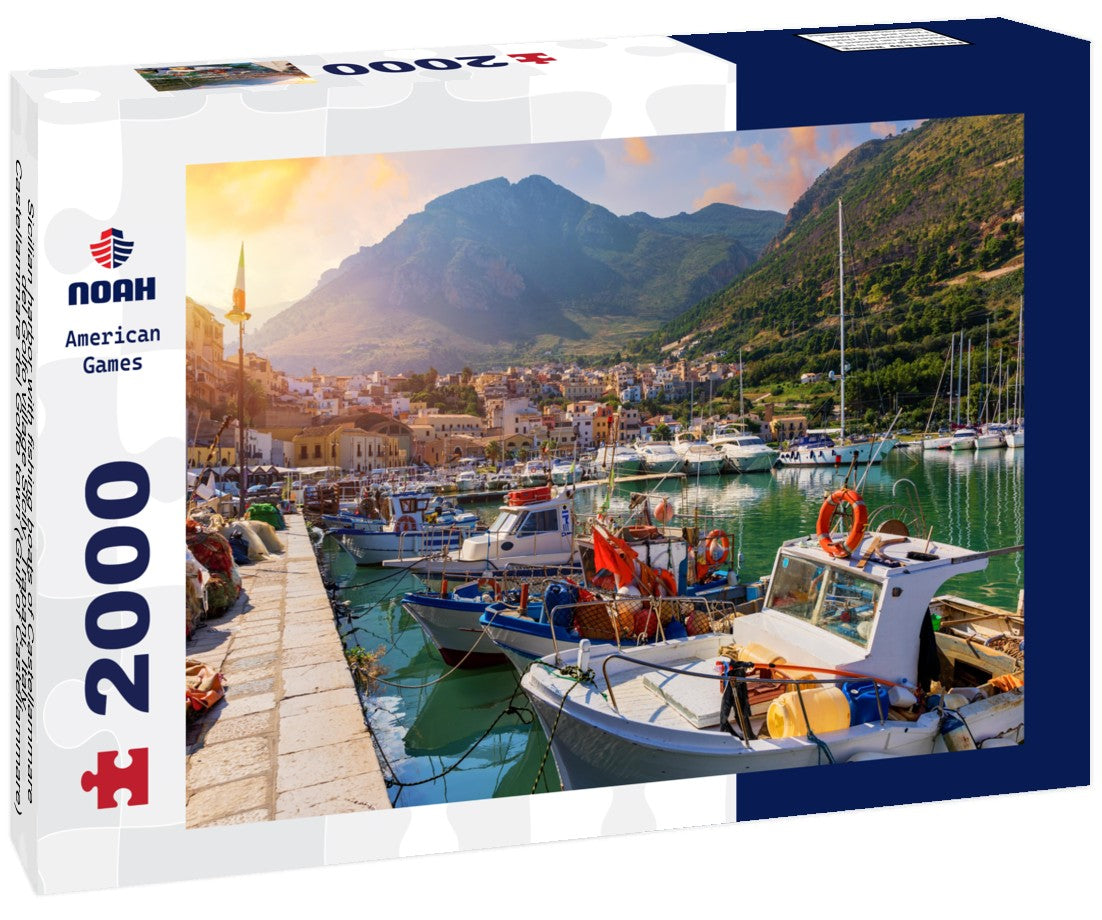 Sicilian harbor with fishing boats of Castellammare del Golfo village Sicily, Trapani, Italy. Castellammare del Golfo town (Gulf of Castellammare) on the Mediterranean Sea, Trapani, Sicily, Italy 2000pc Puzzle