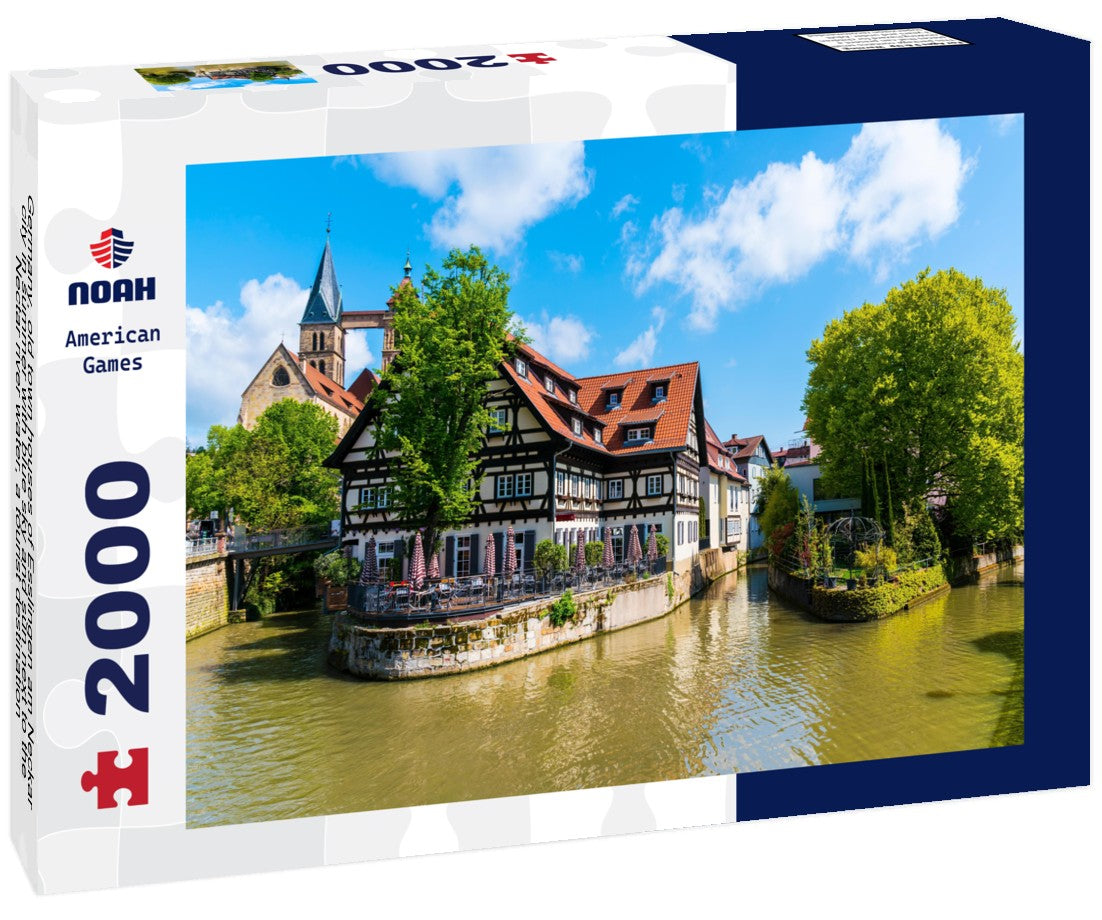 Germany, old town houses of Esslingen am Neckar city in summer with blue sky and sun next to the Nectar river water, a tourist destination 2000pc Puzzle