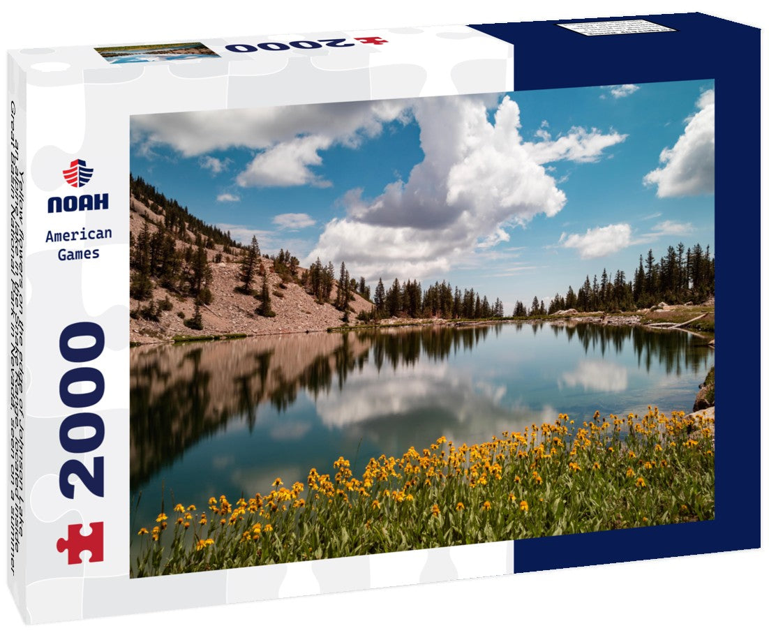 Yellow flowers on the edge of Johnson Lake, an alpine lake in the Snake Range, located inside Great Basin National Park in Nevada, seen on a summer day. Large cumulus clouds are seen in the blue sky 2000pc Puzzle