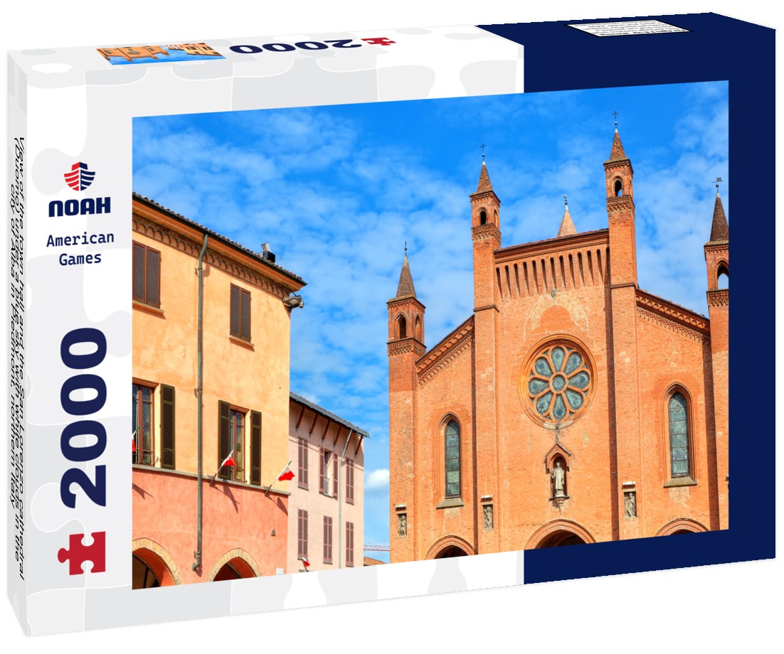 the town hall and the San Lorenzo cathedral (Duomo) under a blue sky with white clouds in the city of Alba in Piedmont, northern Italy 2000pc Puzzle