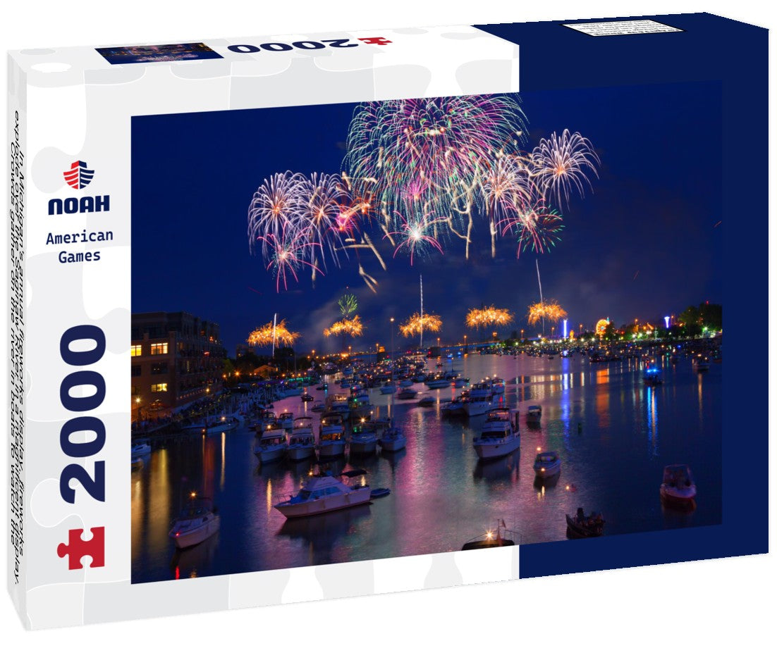 In Michigan's annual fireworks display, fireworks explode over the Saginaw River in a magnificent display. Crowds gather on the river in boats to watch the display and celebrate Independence Day. 2000pc Puzzle