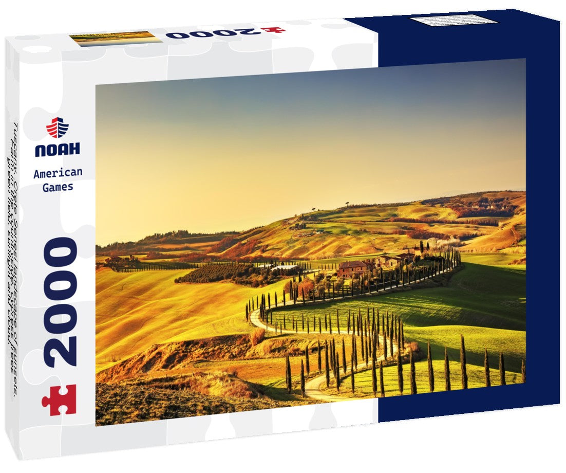 Tuscany, Crete Senesi landscape of sunsets. Farm in the countryside, cypress trees, green field, sunlight and cloud. Italy 2000pc Puzzle