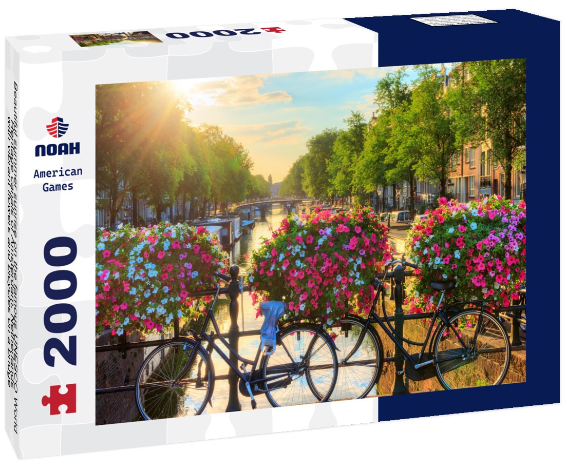 Beautiful summer sunrise on the famous UNESCO World Heritage canals of Amsterdam, Netherlands, with vibrant flowers and bicycles on a bridge 2000pc Puzzle