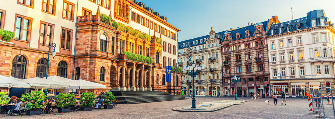 Wiesbaden City Palace Stadtschloss or New Town Hall Rathaus neo-classical building on Schlossplatz Palace Square in historical city centre, blue sky background, State of Hessen, Germany 1000pc Panoramic Puzzle