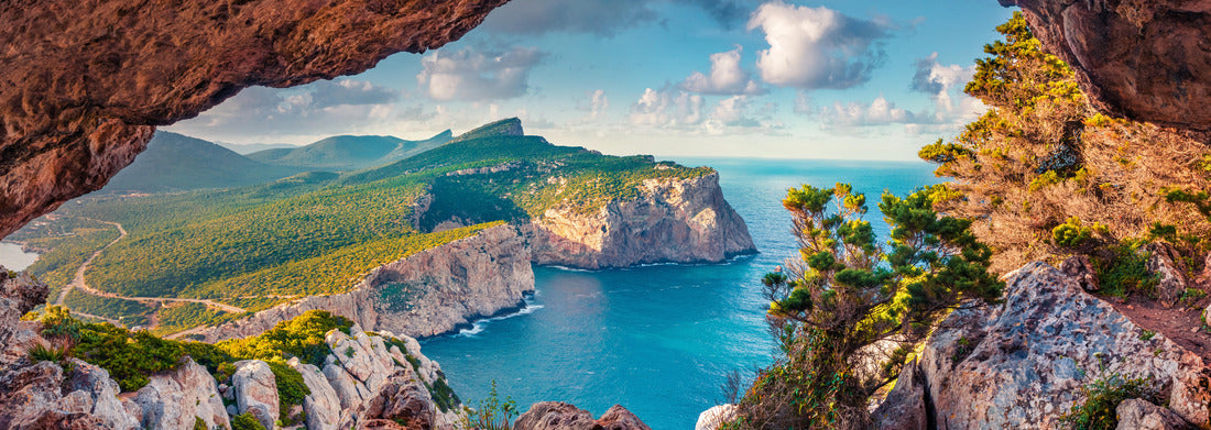 Noah Jigsaw Puzzle Amazing summer view of the Caccia Cape from the small cave in the cliff. Fantastic morning landscape of Sardinia, Italy panorama 1000 pieces