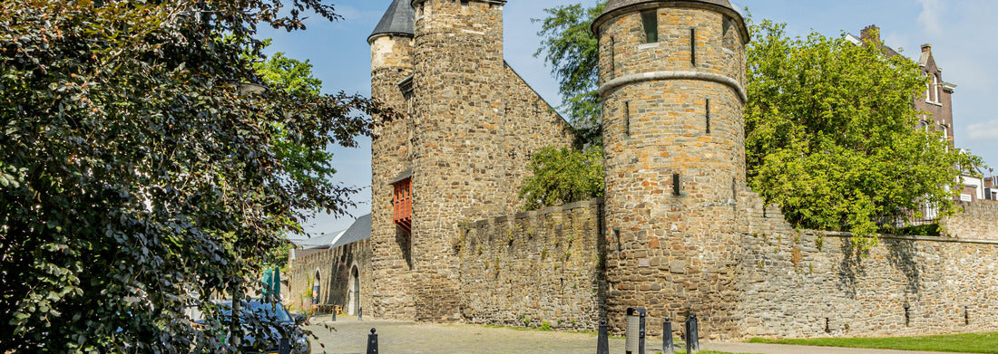 Noah Jigsaw Puzzle The Helpoort or Jekerpoort with its door between two towers and a tower on the shore are part of the first medieval wall in Maastrich next to the city park, sunny day in South Limburg, Netherlands panorama 1000 pieces