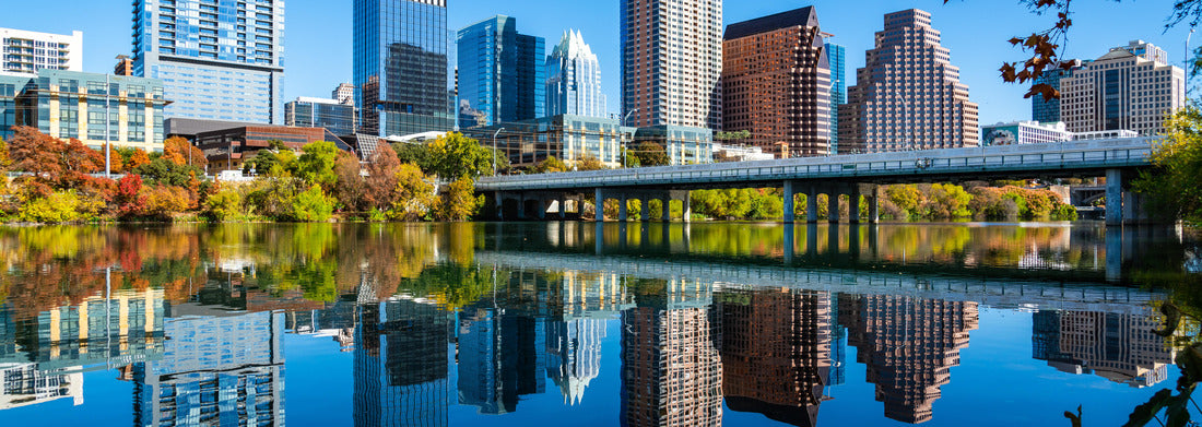 Noah Jigsaw Puzzle Perfect mirrored reflections over Town Council Driveway with Perfect Loop Autumn colors and a growing Austin Texas Cityscape Skyline Capital City panorama 1000 pieces
