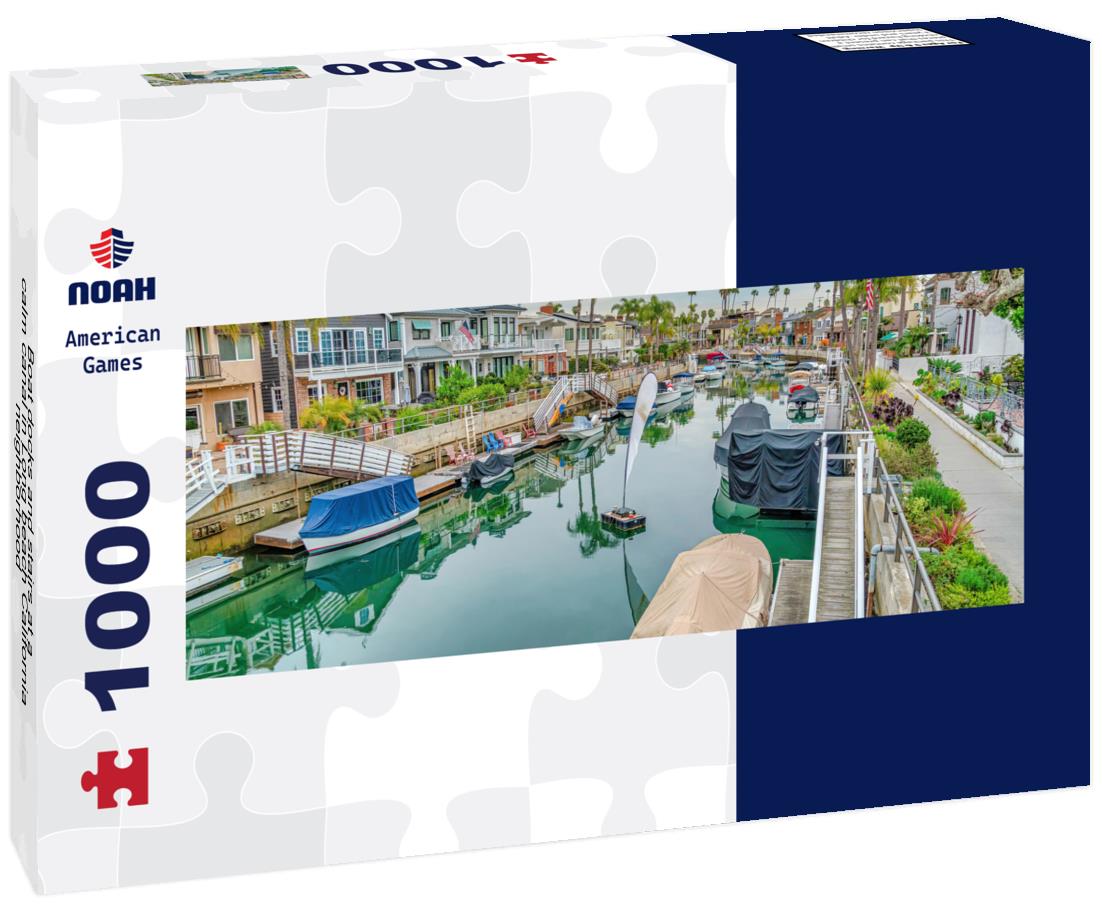 Noah Jigsaw Puzzle Boat docks and stairs at a calm canal in Long beach California neighborhood panorama 1000 pieces