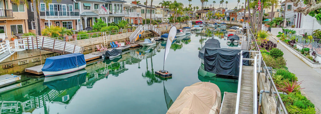 Noah Jigsaw Puzzle Boat docks and stairs at a calm canal in Long beach California neighborhood panorama 1000 pieces