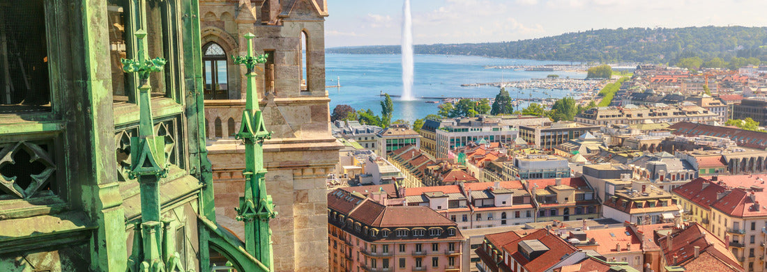 Noah Jigsaw Puzzle Geneva skyline, Lake Geneva, the Jet d'eau fountain, the bay, the harbor and the cathedral tower panorama 1000 pieces