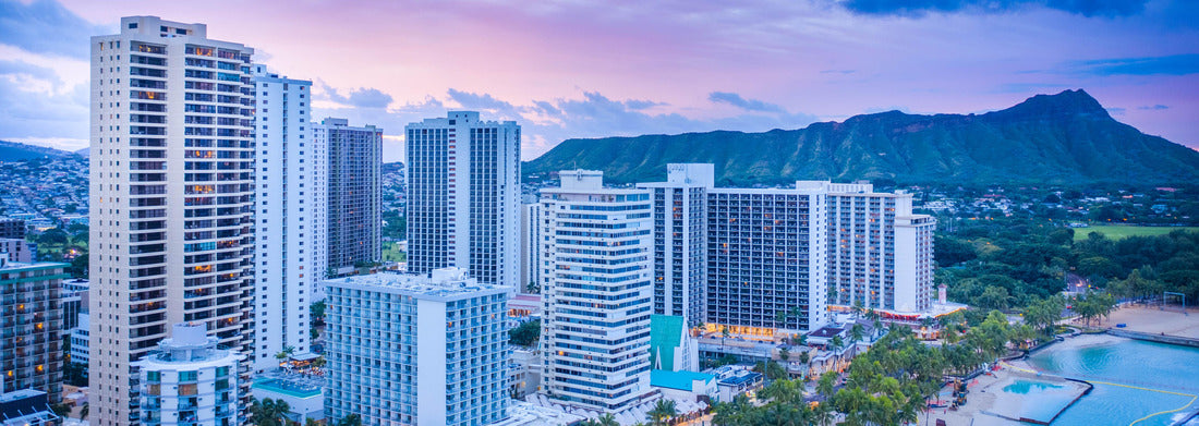 Noah Jigsaw Puzzle Waikiki sunrise behind Diamond Head crater in Honolulu Hawaii on O'ahu, aerial shot of a Hawaiian beach at sunrise panorama 1000 pieces