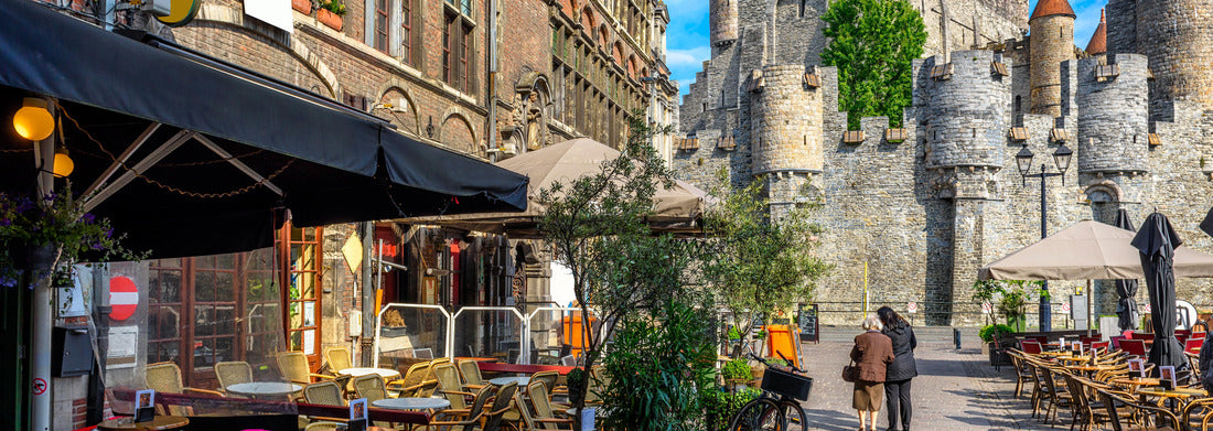 Noah Jigsaw Puzzle Old street with café tables in Ghent, Belgium. Architecture and landmarks of Ghent. Cozy cityscape of Ghent panorama 1000 pieces