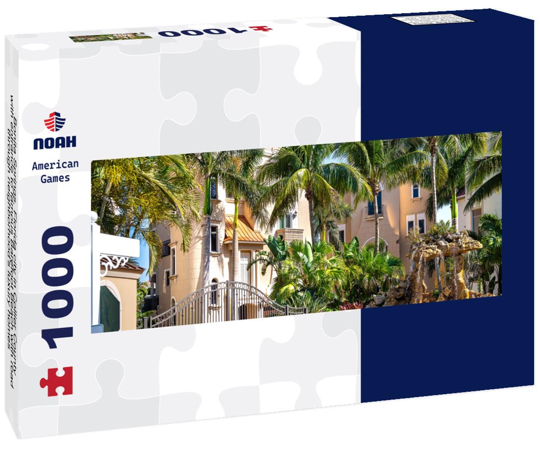 Noah Jigsaw Puzzle Bonita Springs, Florida city in Collier County with entrance to famous Barefoot Beach with road through neighborhood's luxury homes panorama 1000 pieces