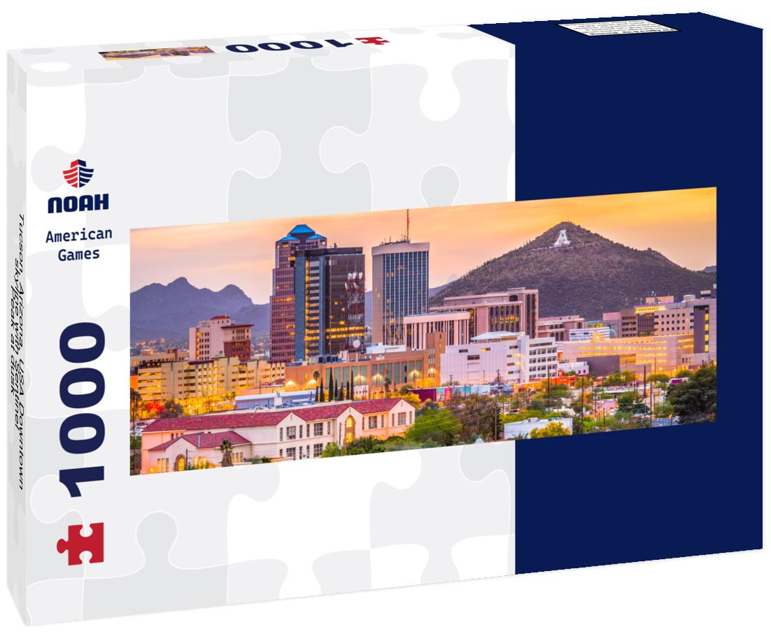 Tucson, Arizona, USA Downtown skyline with Sentinel Peak at dusk 1000pc Panoramic Puzzle