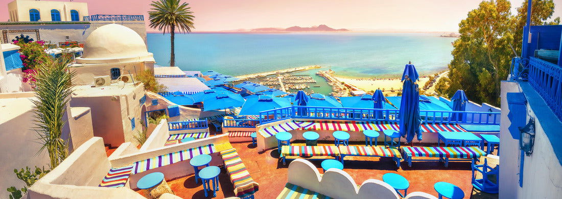 Noah Jigsaw Puzzle Panoramic view of the sea and the cafeteria terrace in Sidi Bou Said at sunset. Tunisia panorama 1000 pieces