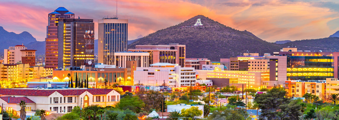 Tucson, Arizona, USA Downtown skyline with Sentinel Peak at dusk. (Mountain peak “A” for “Arizona”) 1000pc Panoramic Puzzle