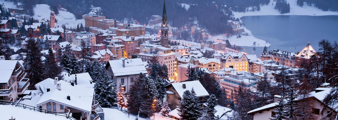 Winter terrace overlooking the world-famous ski resort of St. Moritz, Graubünden, Switzerland 1000pc Panoramic Puzzle