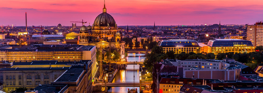 Noah Jigsaw Puzzle Panoramic view of the Berlin skyline with the famous TV tower and the Spree river in a beautiful sunset during the blue hour at dusk with dramatic colorful clouds, Mitte Berlin Mitte, Germany panorama 1000 pieces