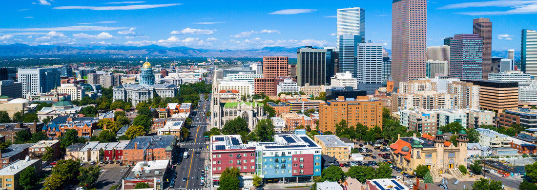Noah Jigsaw Puzzle wide panoramic view of the Denver , Colorado downtown skyline cityscape towers and skyscrapers rising on right and Colorado state Capitol building on left with Rocky Mountains panorama 1000 pieces