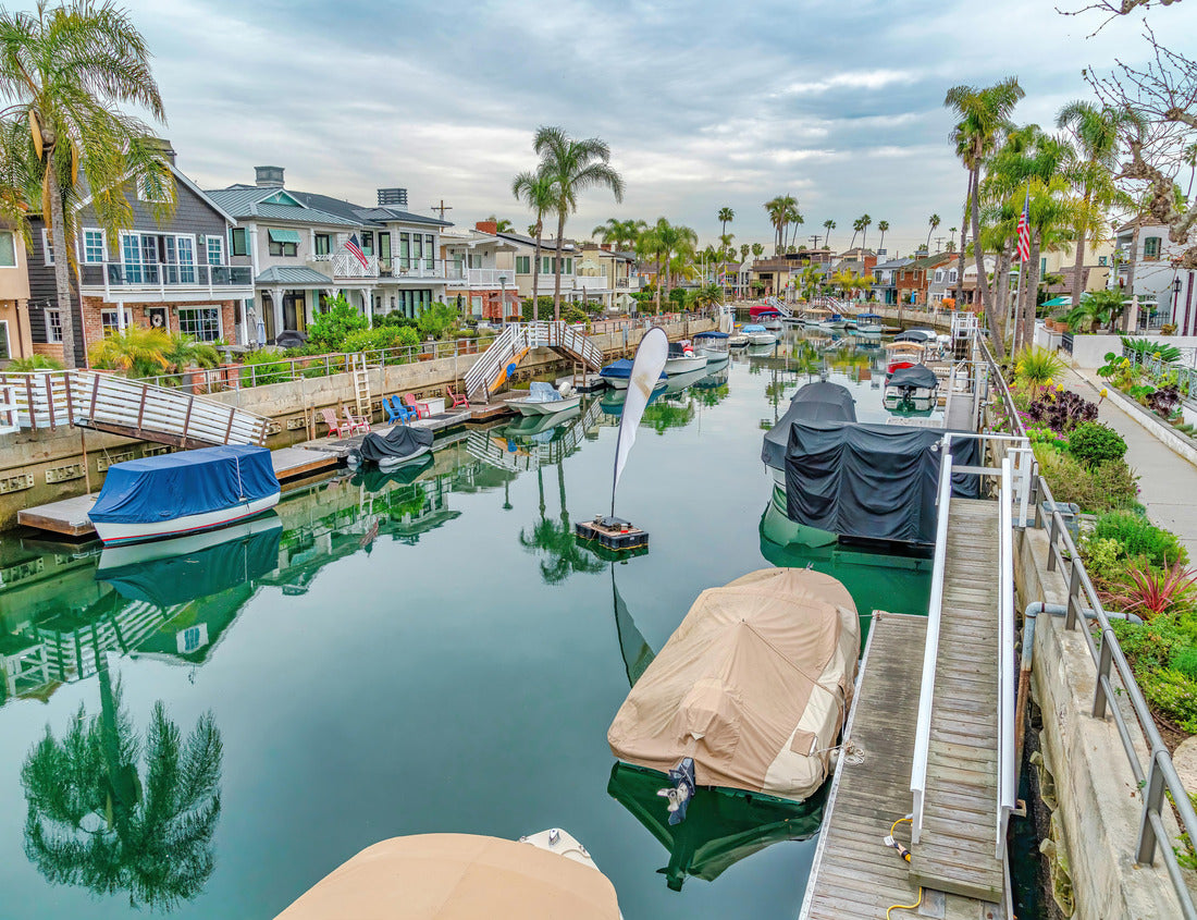 Noah Jigsaw Puzzle Boat docks and stairs at a calm canal in Long beach California neighborhood 1000 pieces