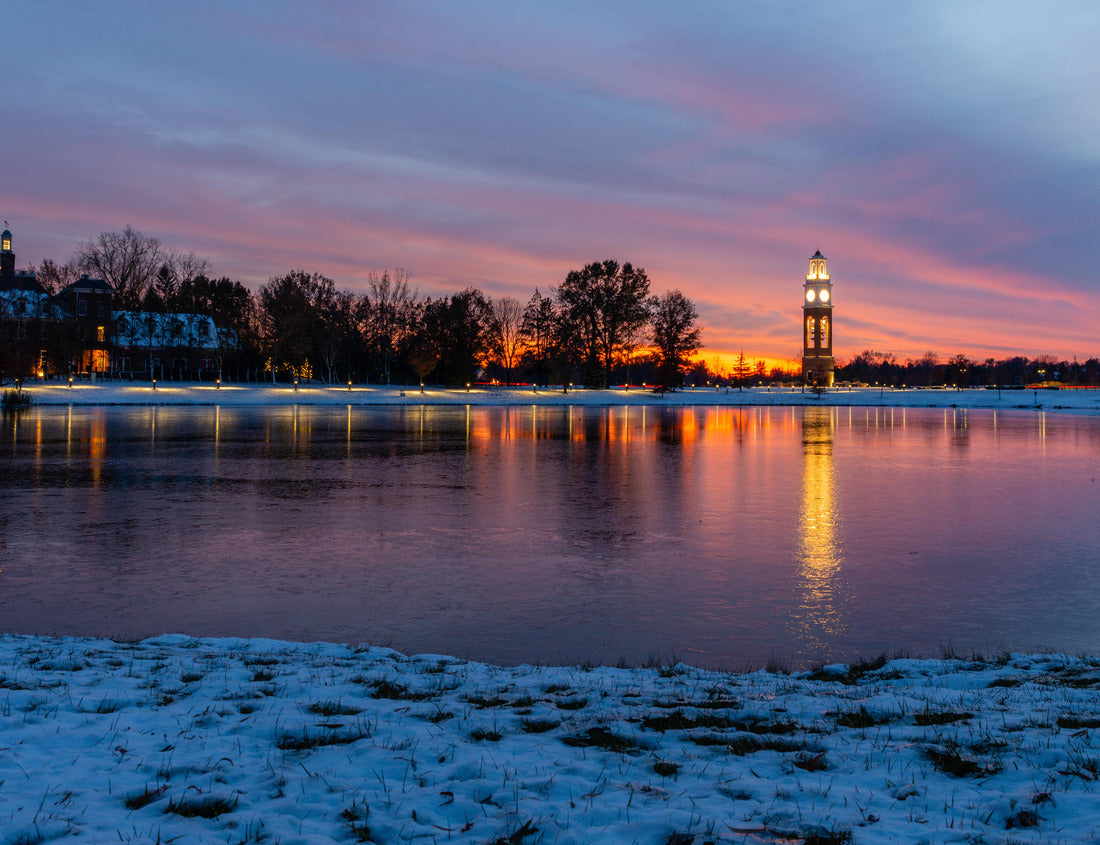Noah Jigsaw Puzzle Bell tower and lake at Coxhall Garden in Carmel Indiana at sunset after snow in the winter 1000 pieces