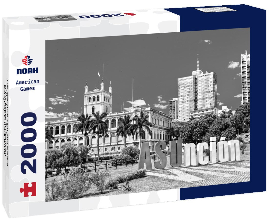 The welcome sign and Palace of the Lopez in Asuncion, Paraguay 2000pc PuzzleBlack and White