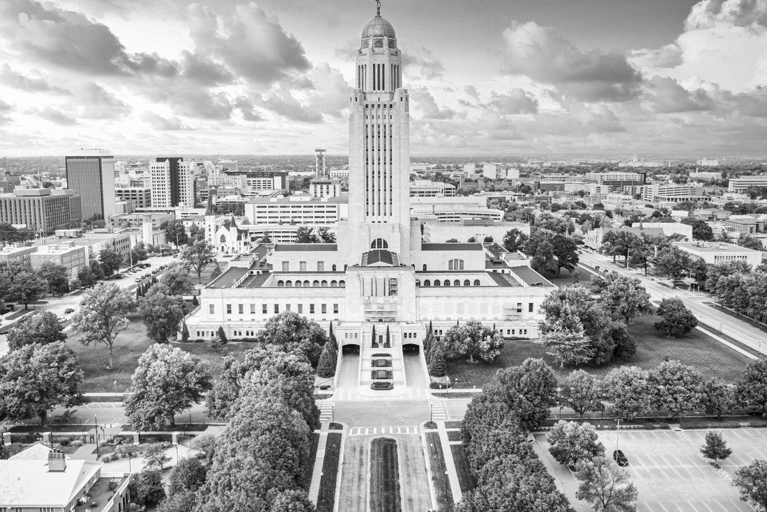 Lincoln skyline and Nebraska State Capitol. The Nebraska State Capitol is the seat of government for the U.S. state of Nebraska and is located in downtown Lincoln 2000pc PuzzleBlack and White