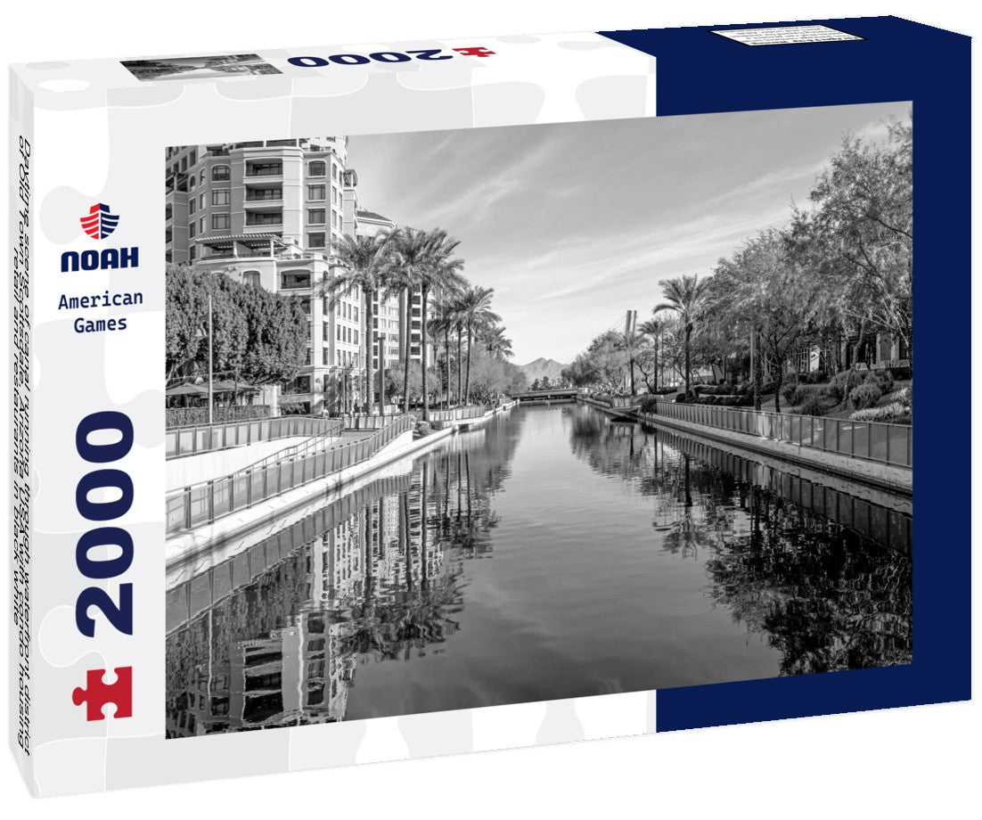 Daytime scene of canal running through waterfront district of Old Town Scottsdale, Arizona USA with condo housing, retail and restaurants 2000pc PuzzleBlack and White
