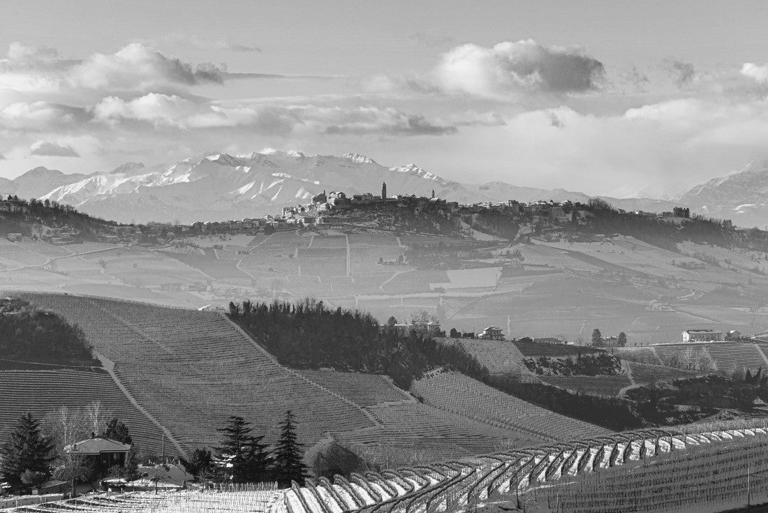 Italy Piedmont: Barolo vineyards unique landscape winter sunset, La Morra medieval village hilltop castle, Alps snow-capped mountains background, Italian heritage winemaking 2000pc PuzzleBlack and White