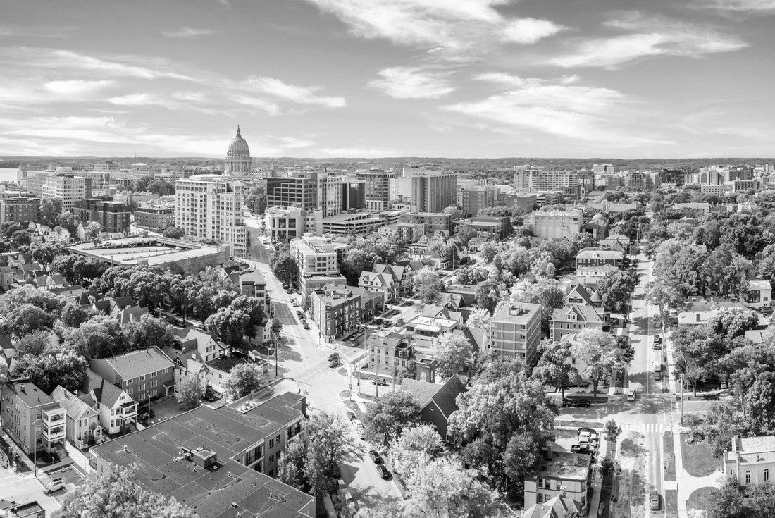Madison skyline and Wisconsin State Capitol. The Wisconsin State Capitol, houses both chambers of the Wisconsin legislature, Supreme Court and the Office of the Governor 2000pc PuzzleBlack and White