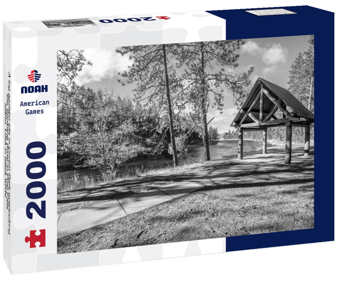 A log gazebo sits in Corbin Park overlooking the Spokane River in Post Falls, Idaho, USA 2000pc PuzzleBlack and White