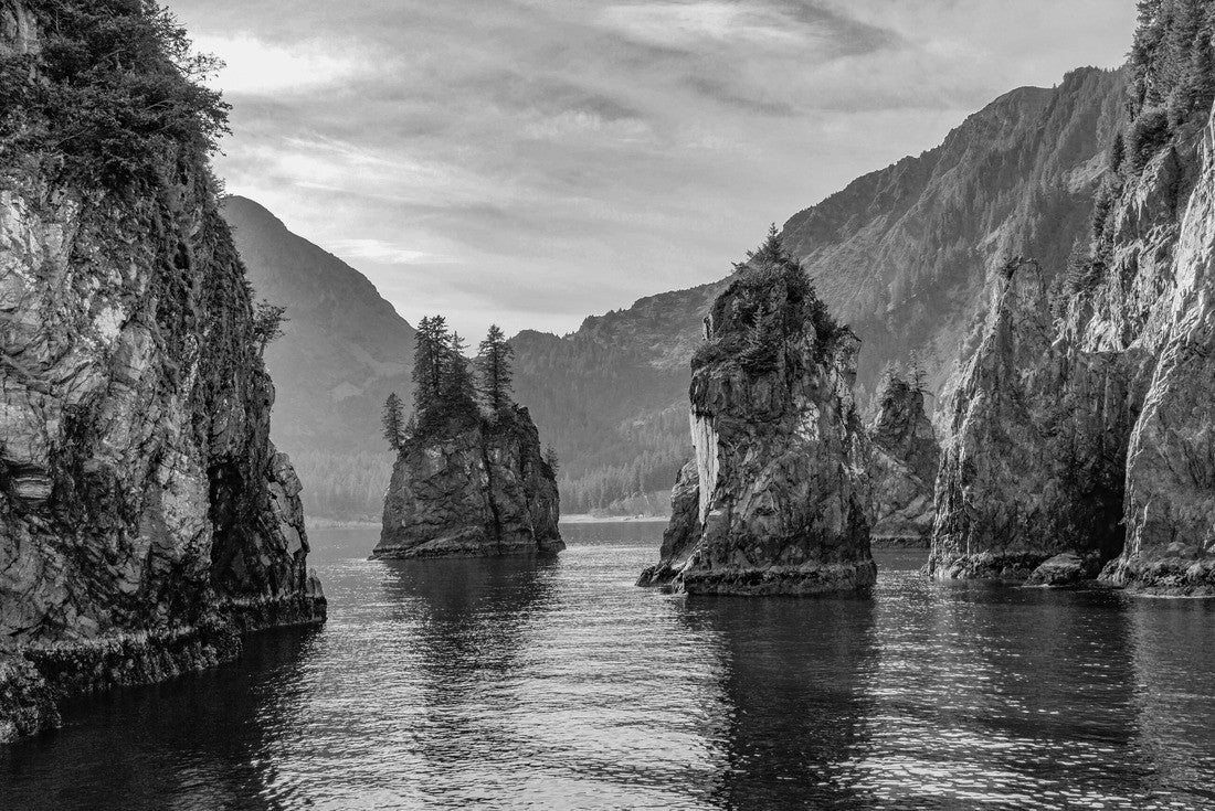 Noah Jigsaw Puzzle Rock Spires in the Turquoise Water of Spire Cove in the Kenai Fjords National Park in black white 2000 pieces