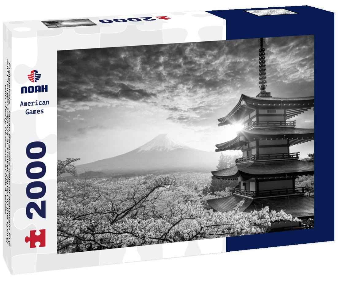 Fujiyoshida, Japan Beautiful view of mountain Fuji and Chureito pagoda at sunset, japan in the spring with cherry blossoms 2000pc PuzzleBlack and White