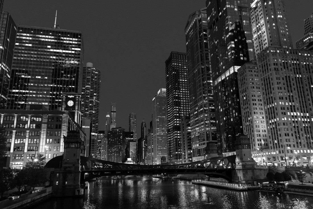 Noah Jigsaw Puzzle Chicago Illinois City Skyline at night overlooking the river and bridge with buildings lit up in the background Long exposure with dark sky in black white 2000 pieces