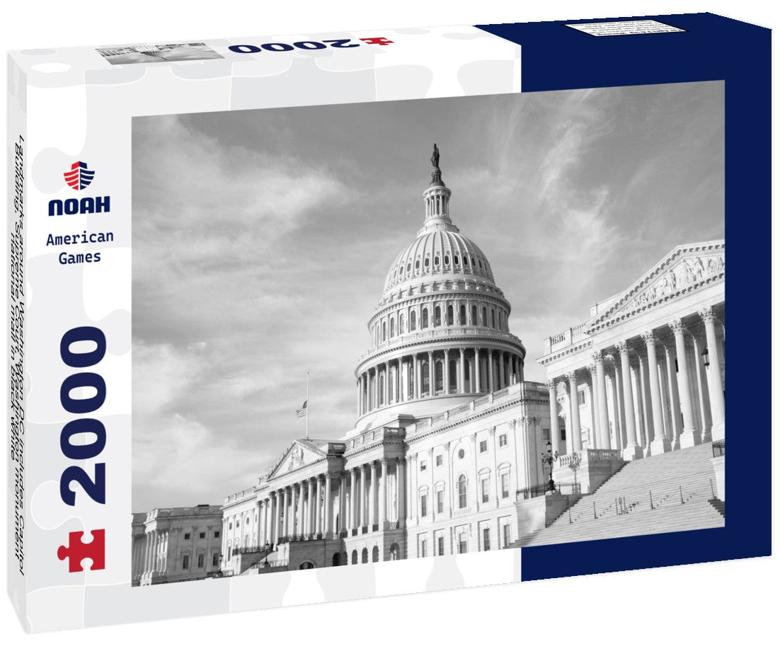 Landmarks around Washington DC includes Capitol Building, Supreme Court, Washington monument, national mall 2000pc PuzzleBlack and White