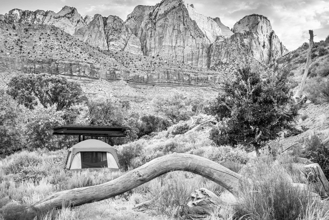Zion National Park in Utah with tent camp site at Watchman Campground by rocks, plants trees and view of cliffs at sunset 2000pc PuzzleBlack and White
