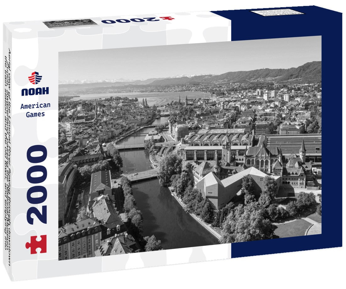 Aerial view of the Limmat River flowing through downtown Zurich, Switzerland, passing the National Museum, the train station and the old town, and emptying into Lake Zurich on a sunny summer's day 2000pc PuzzleBlack and White