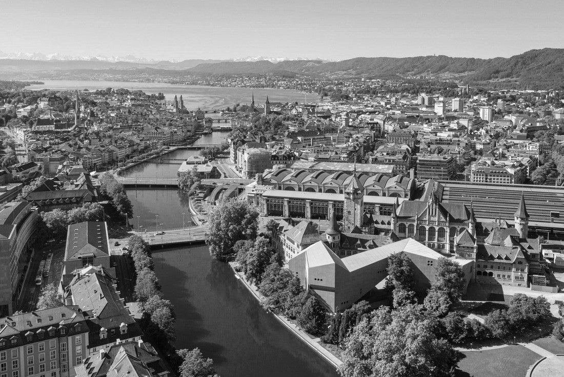 Noah Jigsaw Puzzle Aerial view of the Limmat River flowing through downtown Zurich, Switzerland, passing the National Museum, the train station and the old town, and emptying into Lake Zurich on a sunny summer's day in black white 2000 pieces