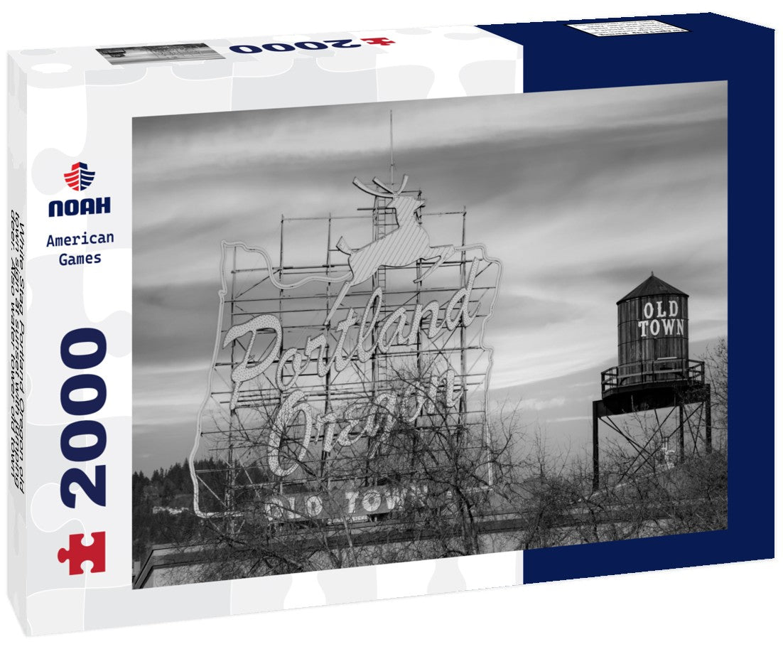 White Stag Portland Oregon old town sign at sunset with jumping deer. Also water tower old town sign 2000pc PuzzleBlack and White