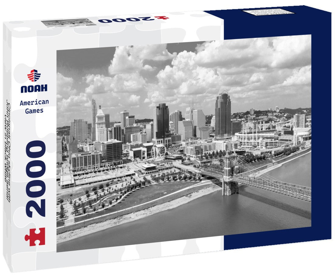 Cincinnati Ohio skyline with John Roebling bridge aerial view 2000pc PuzzleBlack and White