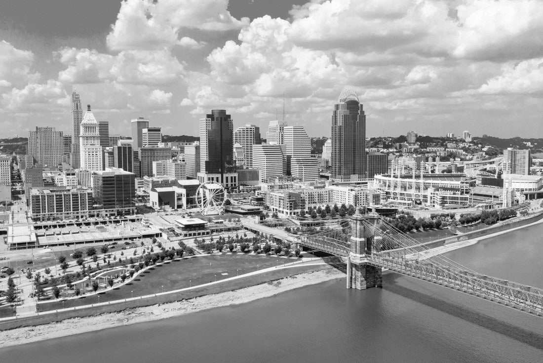 Cincinnati Ohio skyline with John Roebling bridge aerial view 2000pc PuzzleBlack and White